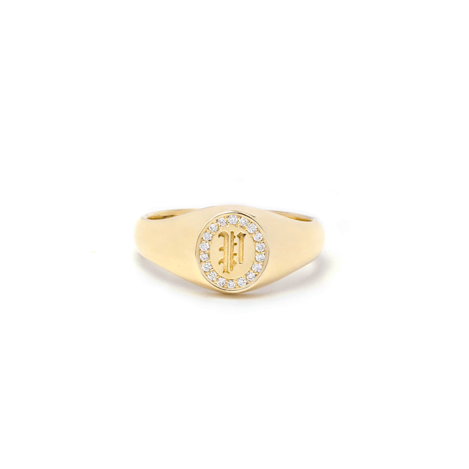 White Diamond Initial Signet Ring